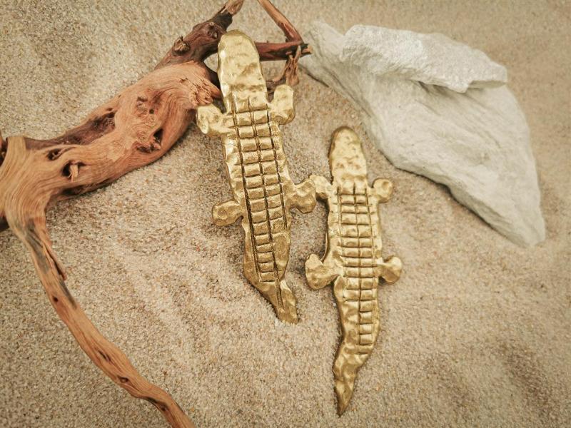 Long Gold Crocodile Earrings
Ancient Egyptian Jewelry Inspired
Sobek Crocodile Earrings Handmade
Lightweight Gold Statement Earrings
Polymer Clay Gold Earrings