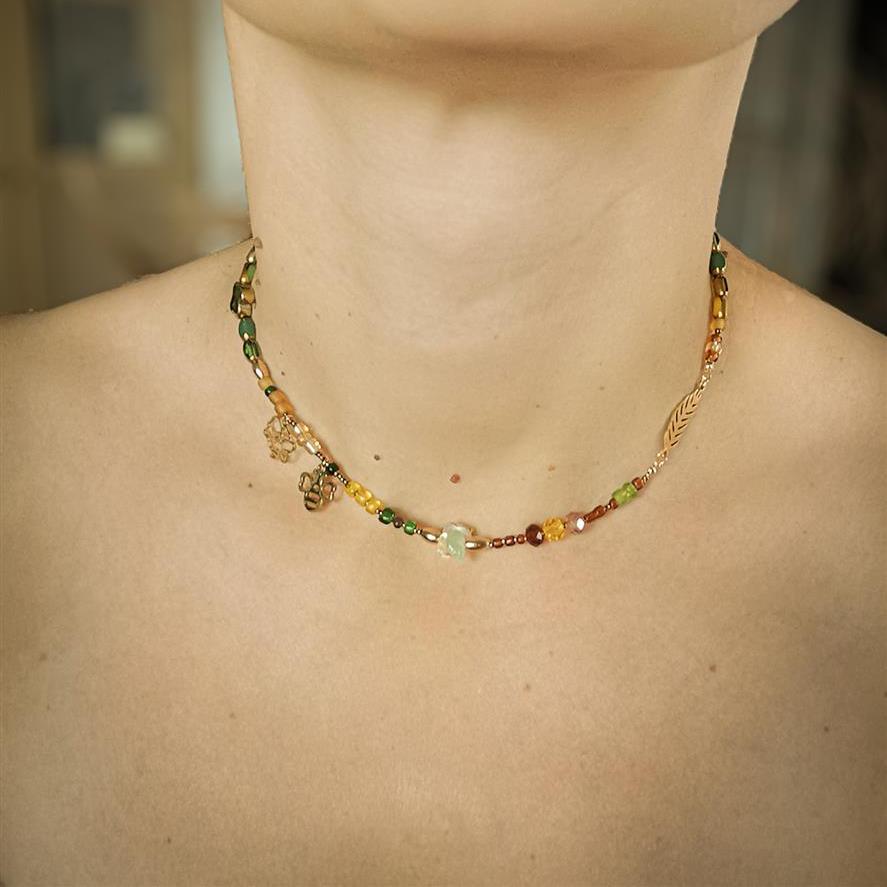 goddess-inspired necklace, green and gold choker, handmade jewelry